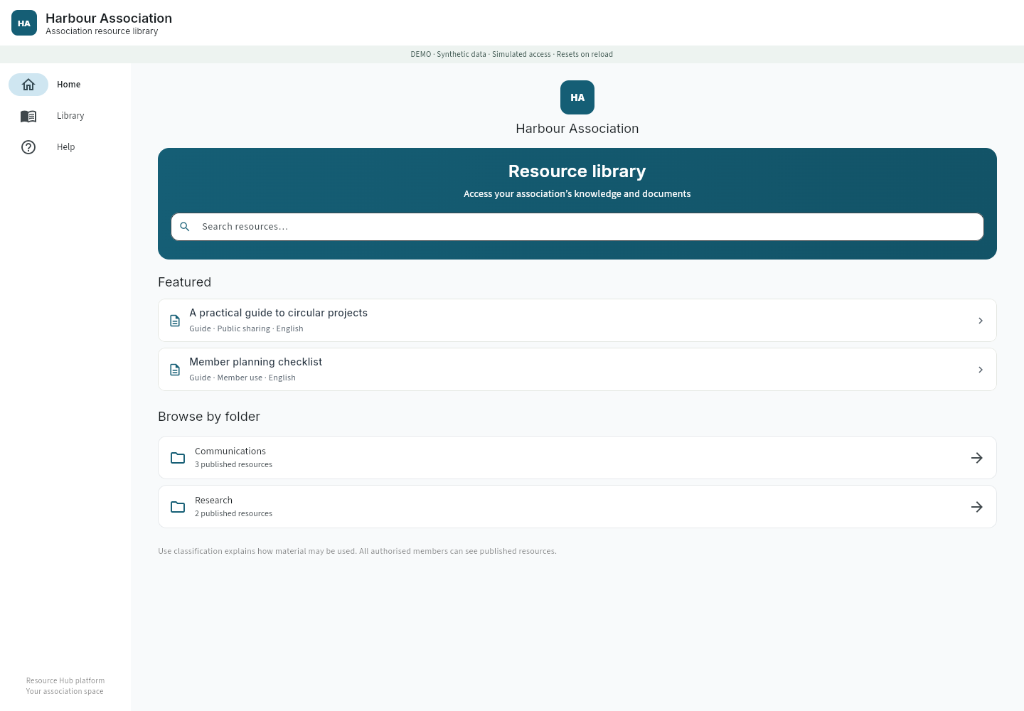 Harbour Association branded resource library open on a desktop web browser