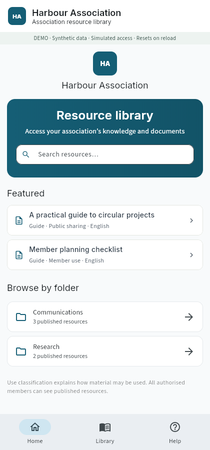 Harbour Association resource library in a smartphone-sized view