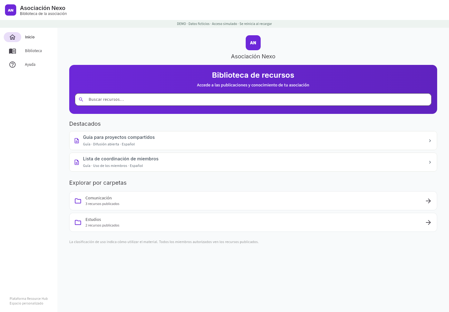 Biblioteca de recursos de Asociación Nexo en escritorio