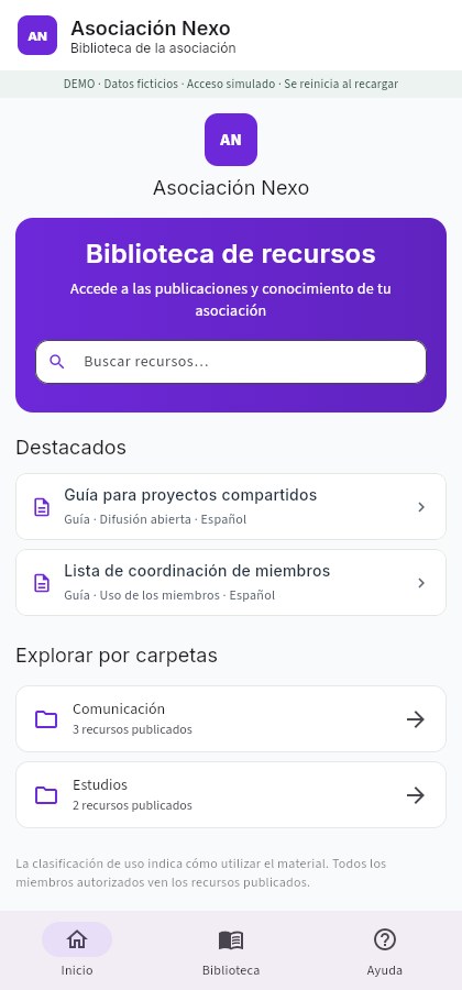 Biblioteca de recursos de Asociación Nexo en una pantalla móvil
